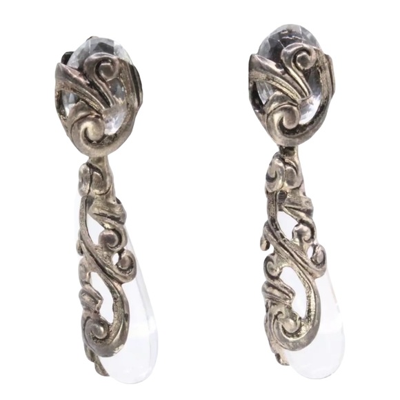 Isabel Canovas Lucite Silver Clip Earrings  3.5" French Couture Unsigned - Picture 1 of 5